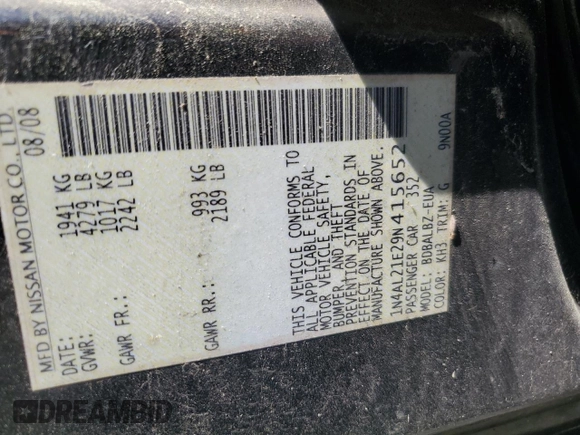 2009 Nissan Altima SL with VIN 1N4AL21E29N415652, listed as a Copart auction lot 53153325 with 165,564 mi miles and Salvage Title. Bid and sale history available at DreamBid. Image 12.
