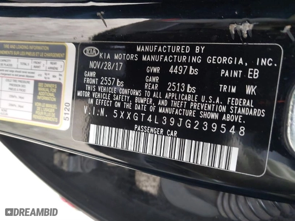 2018 Kia Optima LX with VIN 5XXGT4L39JG239548, listed as a IAAI auction lot 41847827 with 83,292 mi miles. Bid and sale history available at carsss.com. Image 9.