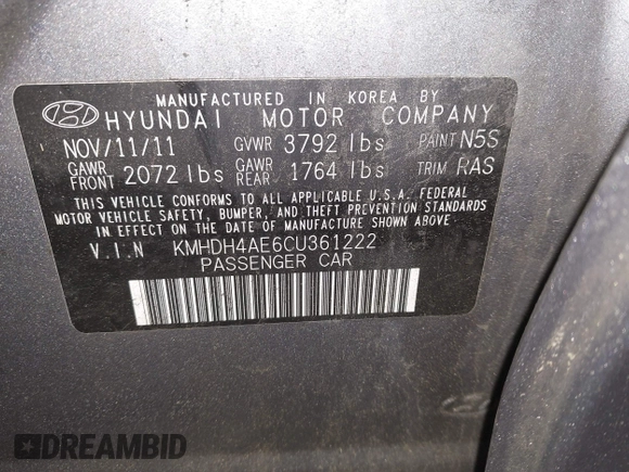2012 Hyundai Elantra GLS z VIN KMHDH4AE6CU361222, wystawiony jako IAAI lot #42467636 z przebiegiem 176 795 mil mil oraz . Historia ofert i sprzedaży dostępna na DreamBid. Obrazek 9.
