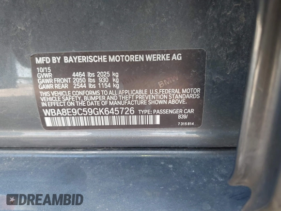 2016 BMW 3 Series 328i with VIN WBA8E9C59GK645726, listed as a IAAI auction lot 40067862 with 87,294 mi miles and . Bid and sale history available at DreamBid. Image 9.