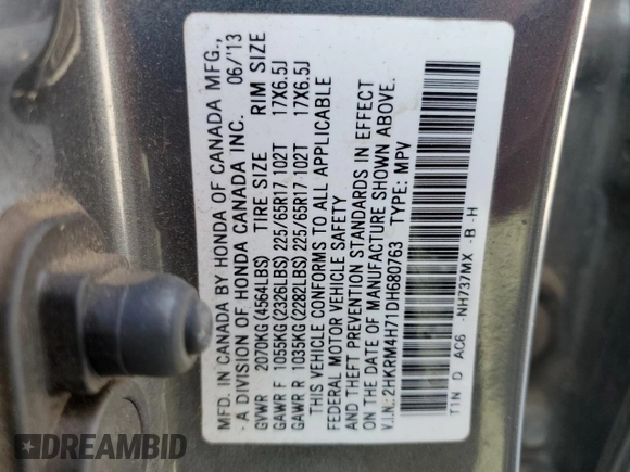 2013 Honda CR-V EX-L with VIN 2HKRM4H71DH680763, listed as a Copart auction lot 52959265 with 202,362 mi miles and Salvage Title. Bid and sale history available at carsss.com. Image 15.