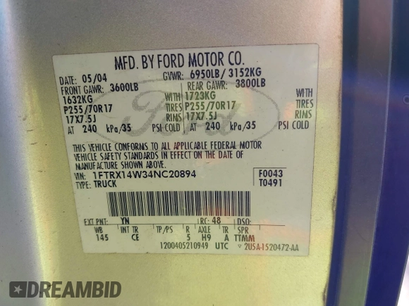 2004 Ford F-150 STX with VIN 1FTRX14W34NC20894, listed as a IAAI auction lot 42222435 with 212,945 mi miles and . Bid and sale history available at DreamBid. Image 9.