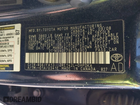 2009 Toyota Matrix with VIN 2T1KU40E79C106903, listed as a IAAI auction lot 41676646 with 181,746 mi miles and . Bid and sale history available at DreamBid. Image 9.