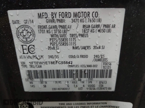 2014 Ford F-150 XL with VIN 1FTFW1ET8EFC55842, listed as a IAAI auction lot 42108858 with 190,601 mi miles. Bid and sale history available at carsss.com. Image 9.