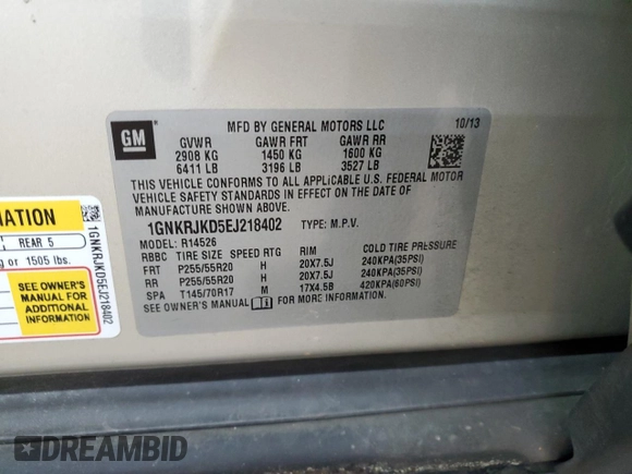 2014 Chevrolet Traverse LTZ with VIN 1GNKRJKD5EJ218402, listed as a Copart auction lot 89188355 with 161,969 mi miles and Salvage Title. Bid and sale history available at DreamBid. Image 15.