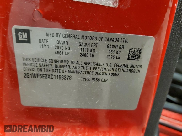 2012 Chevrolet Impala LS Fleet with VIN 2G1WF5E3XC1193378, listed as a Copart auction lot 47761485 with 66,174 mi miles and Salvage Title. Bid and sale history available at DreamBid. Image 12.