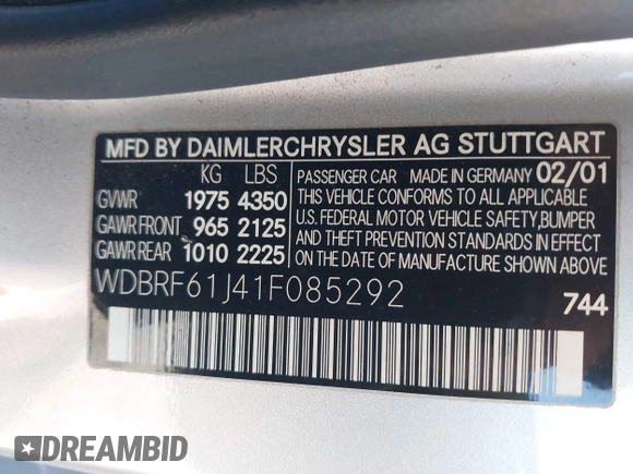 2001 Mercedes-Benz C 230/260/280/320 with VIN WDBRF61J41F085292, listed as a IAAI auction lot 41378218 with 162,485 mi miles and . Bid and sale history available at DreamBid. Image 9.