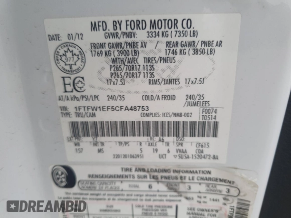 2012 Ford F-150 XL with VIN 1FTFW1EF5CFA48753, listed as a Copart auction lot 49877715 with 245,189 mi miles and Salvage Title. Bid and sale history available at carsss.com. Image 12.