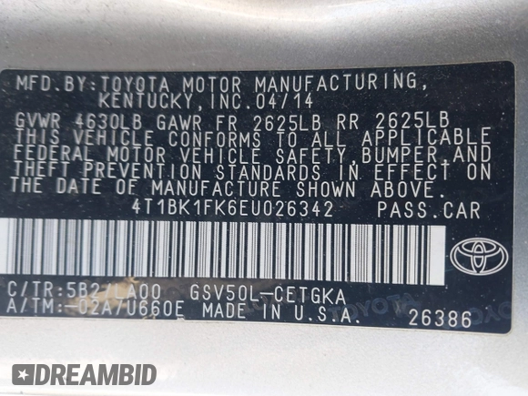 2014 Toyota Camry SE with VIN 4T1BK1FK6EU026342, listed as a IAAI auction lot 41246628 with 142,586 mi miles. Bid and sale history available at carsss.com. Image 9.