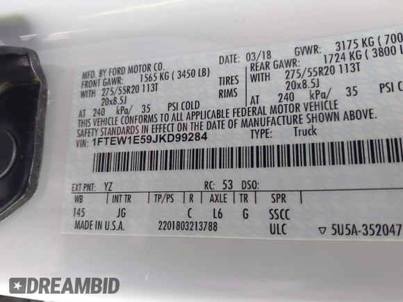 2018 Ford F-150 XL with VIN 1FTEW1E59JKD99284, listed as a IAAI auction lot 41203530 with 153,800 mi miles. Bid and sale history available at carsss.com. Image 9.