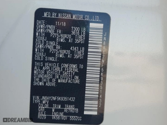 2019 Nissan Armada Platinum with VIN JN8AY2NF5K9351432, listed as a Copart auction lot 84209044 with NaN miles and Salvage Title. Bid and sale history available at carsss.com. Image 13.