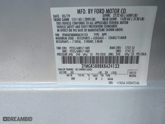 2019 Ford Flex SE with VIN 2FMGK5B88KBA24133, listed as a IAAI auction lot 40541432 with 1 mi miles. Bid and sale history available at carsss.com. Image 9.