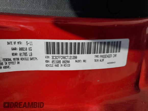 2012 FIAT 500 Lounge with VIN 3C3CFFCR0CT121390, listed as a Copart auction lot 54912265 with 109,885 mi miles and Salvage title. Bid and sale history available at DreamBid. Image 12.