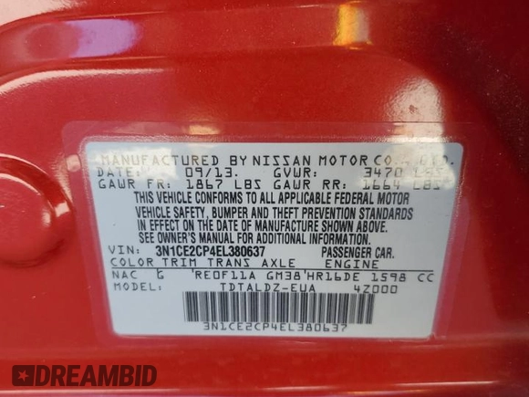 2014 Nissan Note S with VIN 3N1CE2CP4EL380637, listed as a Copart auction lot 49869185 with 139,269 mi miles and Salvage Title. Bid and sale history available at DreamBid. Image 14.