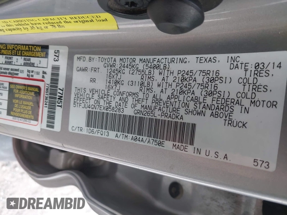 2014 Toyota Tacoma PreRunner with VIN 5TFJU4GN7EX058283, listed as a IAAI auction lot 41797328 with 101,811 mi miles. Bid and sale history available at carsss.com. Image 9.