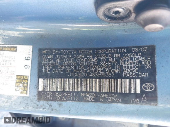 2008 Toyota Prius with VIN JTDKB20U487698357, listed as a IAAI auction lot 41591814 with 327,776 mi miles. Bid and sale history available at carsss.com. Image 9.