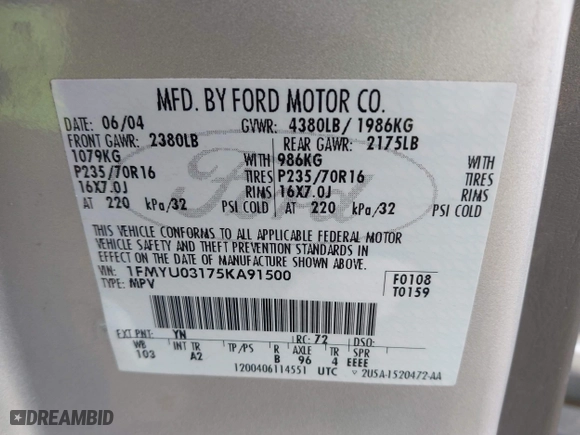 2005 Ford Escape XLT with VIN 1FMYU03175KA91500, listed as a IAAI auction lot 41958585 with 169,824 mi miles. Bid and sale history available at carsss.com. Image 9.
