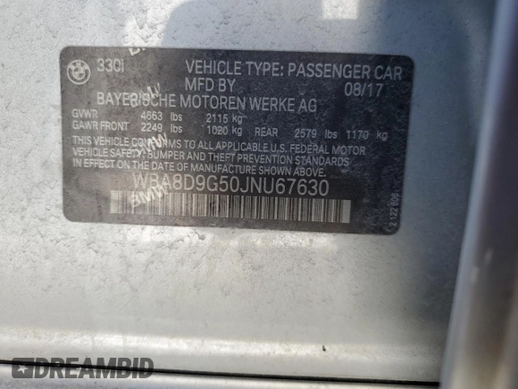 2018 BMW 3 Series 330i xDrive with VIN WBA8D9G50JNU67630, listed as a Copart auction lot 57558615 with 73,784 mi miles and Salvage title. Bid and sale history available at DreamBid. Image 12.