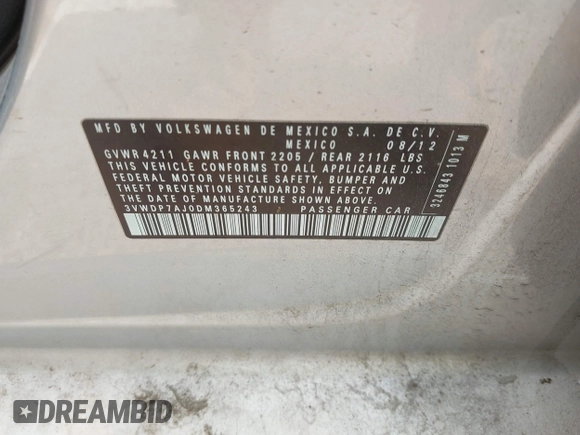 2013 Volkswagen Jetta SE z VIN 3VWDP7AJ0DM365243, wystawiony jako IAAI lot #42400011 z przebiegiem 191 746 mil mil oraz . Historia ofert i sprzedaży dostępna na DreamBid. Obrazek 9.