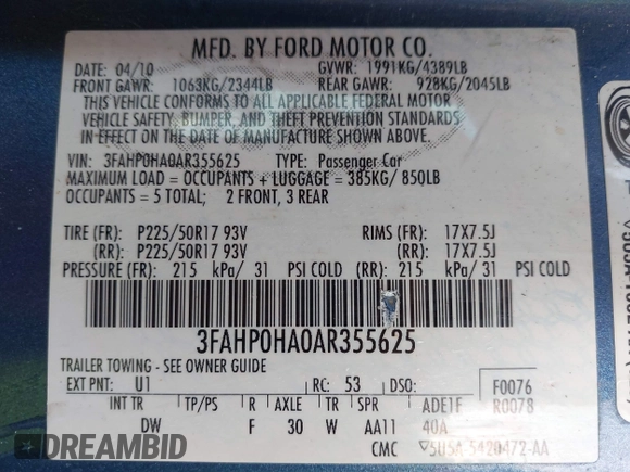 2010 Ford Fusion SE z VIN 3FAHP0HA0AR355625, wystawiony jako IAAI lot #41938652 z przebiegiem 157 660 mil mil oraz . Historia ofert i sprzedaży dostępna na DreamBid. Obrazek 9.