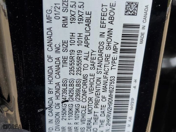 2021 Honda CR-V Touring with VIN 2HKRW2H90MH627553, listed as a Copart auction lot 71740064 with 35,344 mi miles and Salvage Title. Bid and sale history available at carsss.com. Image 13.