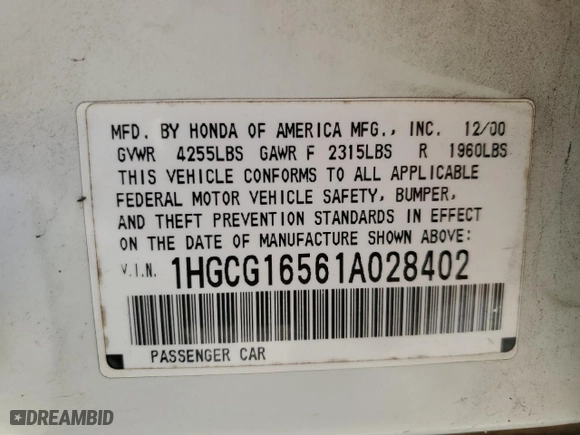 2001 Honda Accord Sdn EX w/Leather with VIN 1HGCG16561A028402, listed as a Copart auction lot 52537895 with 232,913 mi miles and Salvage Title. Bid and sale history available at carsss.com. Image 14.