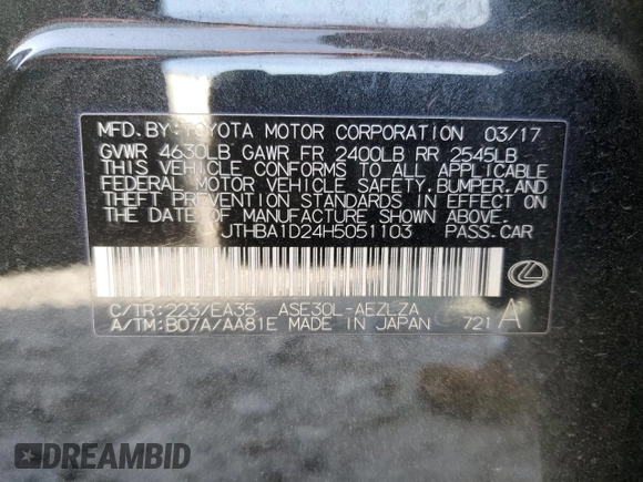 2017 Lexus IS with VIN JTHBA1D24H5051103, listed as a Copart auction lot 50579145 with 67,665 mi miles and Salvage Title. Bid and sale history available at carsss.com. Image 12.
