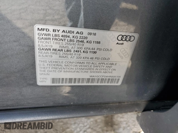 2017 Audi Q3 Prestige with VIN WA1GCCFS4HR005705, listed as a Copart auction lot 47733644 with 126,992 mi miles and Salvage Title. Bid and sale history available at carsss.com. Image 13.