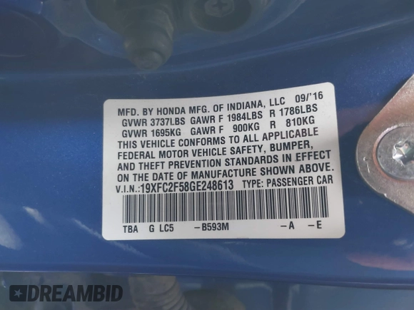 2016 Honda Civic Sedan LX with VIN 19XFC2F58GE248613, listed as a IAAI auction lot 41888971 with 171,929 mi miles. Bid and sale history available at carsss.com. Image 9.