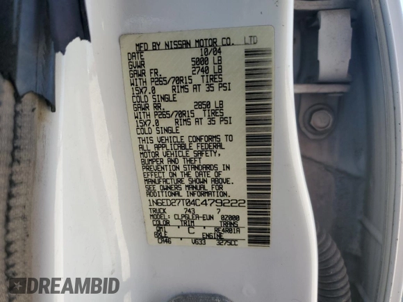 2004 Nissan Frontier XE z VIN 1N6ED27T04C479222, wystawiony jako Copart lot #50957035 z przebiegiem 198 723 mil mil oraz Czysty tytuł • Clean title. Historia ofert i sprzedaży dostępna na DreamBid. Obrazek 12.