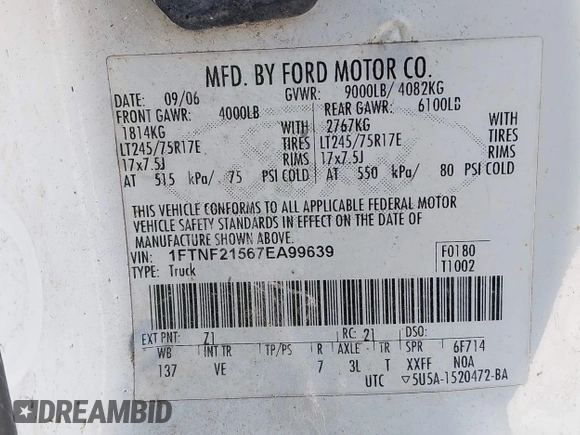 2007 Ford F-250 XL with VIN 1FTNF21567EA99639, listed as a IAAI auction lot 42136009 with 230,652 mi miles and . Bid and sale history available at DreamBid. Image 9.