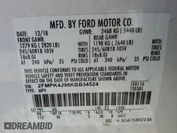 2019 Ford Edge SEL z VIN 2FMPK4J98KBB34524, wystawiony jako Copart lot #57313615 z przebiegiem 112 193 mil mil oraz Szkoda całkowita • Salvage title. Historia ofert i sprzedaży dostępna na DreamBid. Obrazek 13.