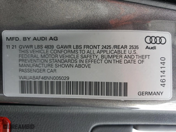 2022 Audi A4 Sedan Premium with VIN WAUABAF46NN005029, listed as a Copart auction lot 81290734 with 0 miles and Salvage Title. Bid and sale history available at carsss.com. Image 13.