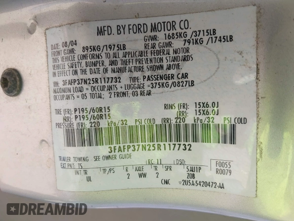 2005 Ford Focus S with VIN 3FAFP37N25R117732, listed as a IAAI auction lot 42078394 with 177,924 mi miles and . Bid and sale history available at carsss.com. Image 9.