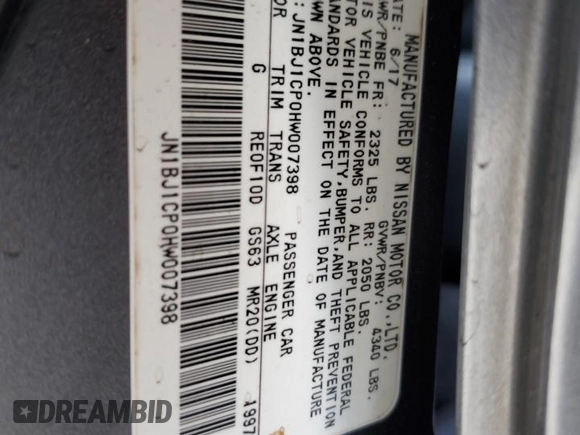 2017 Nissan Rogue SV with VIN JN1BJ1CP0HW007398, listed as a Copart auction lot 54444005 with 74,482 mi miles and Salvage title. Bid and sale history available at DreamBid. Image 13.