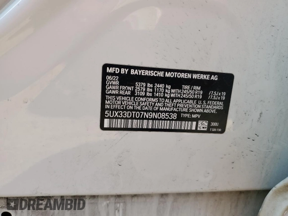 2022 BMW X4 xDrive30i with VIN 5UX33DT07N9N08538, listed as a Copart auction lot 51392403 with 17,070 mi miles. Bid and sale history available at carsss.com. Image 14.