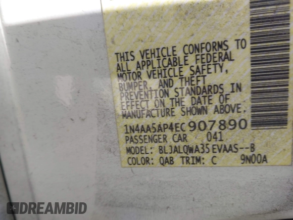 2014 Nissan Maxima SV with VIN 1N4AA5AP4EC907890, listed as a IAAI auction lot 42710257 with 125,659 mi miles and . Bid and sale history available at DreamBid. Image 9.