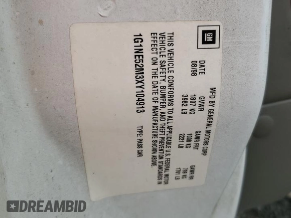 1999 Chevrolet Malibu LS with VIN 1G1NE52M3XY104913, listed as a Copart auction lot 50298895 with 424,753 mi miles and Salvage Title. Bid and sale history available at DreamBid. Image 14.
