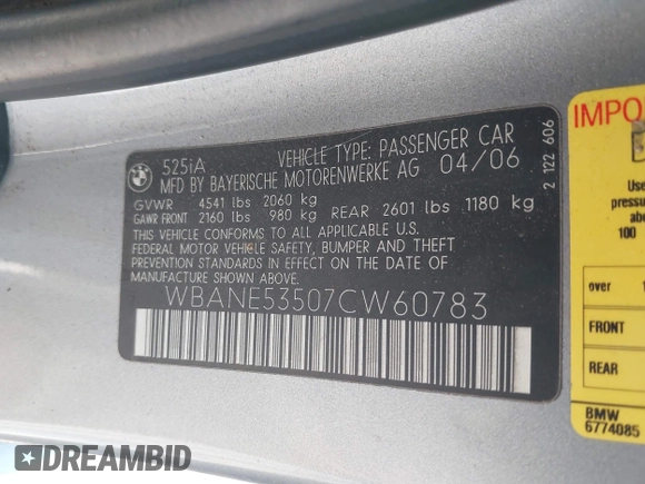 2007 BMW 5 Series 525i z VIN WBANE53507CW60783, wystawiony jako IAAI lot #42259642 z przebiegiem 279 348 mil mil oraz . Historia ofert i sprzedaży dostępna na DreamBid. Obrazek 9.