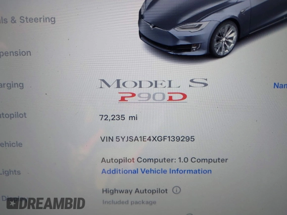 2016 Tesla Model S 90D с VIN 5YJSA1E4XGF139295, выставлен на аукционе IAAI как лот 41292861 с пробегом 72 235 миль миль и . История ставок и продаж доступна на DreamBid. Изображение 15.