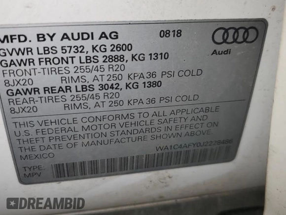 2018 Audi SQ5 Prestige with VIN WA1C4AFY0J2228486, listed as a Copart auction lot 53444105 with 100,846 mi miles and Salvage title. Bid and sale history available at DreamBid. Image 14.