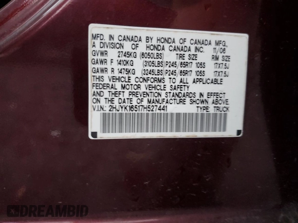 2007 Honda Ridgeline RTL z VIN 2HJYK16517H527441, wystawiony jako Copart lot #41366205 z przebiegiem 266 566 mil mil oraz Szkoda całkowita • Salvage title. Historia ofert i sprzedaży dostępna na DreamBid. Obrazek 12.