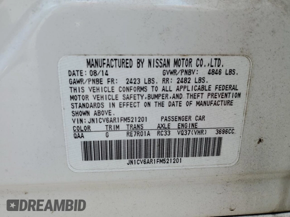 2015 Infiniti Q40 with VIN JN1CV6AR1FM521201, listed as a Copart auction lot 50913775 with 93,468 mi miles and Salvage Title. Bid and sale history available at DreamBid. Image 12.