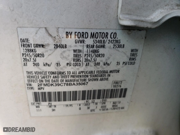 2008 Ford Edge Limited with VIN 2FMDK39C78BA35067, listed as a Copart auction lot 40454334 with 256,487 mi miles and Salvage Title. Bid and sale history available at carsss.com. Image 12.