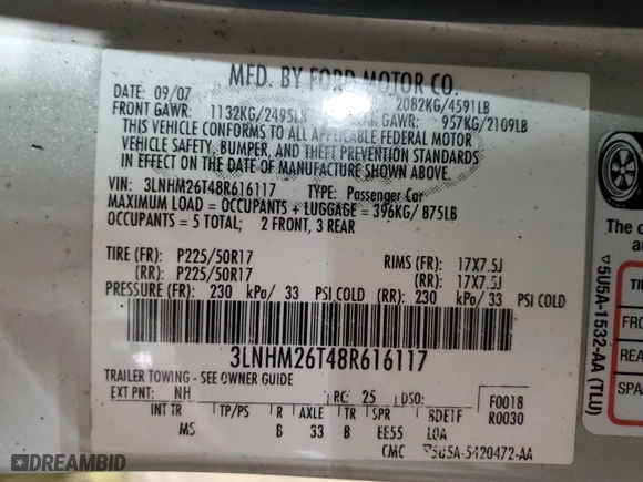 2008 Lincoln MKZ with VIN 3LNHM26T48R616117, listed as a Copart auction lot 51061985 with 173,385 mi miles and Salvage Title. Bid and sale history available at carsss.com. Image 12.