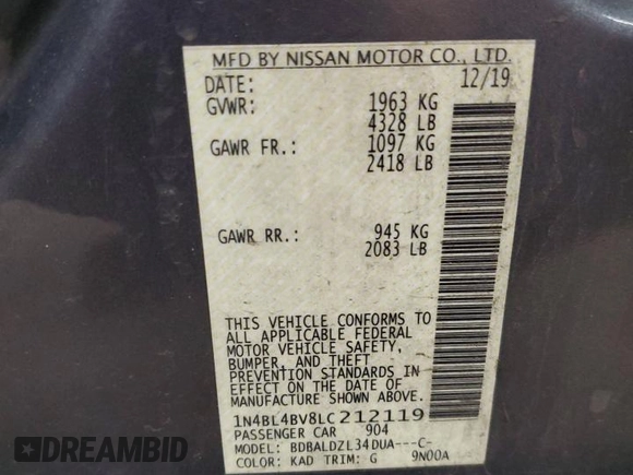 2020 Nissan Altima 2.5 S with VIN 1N4BL4BV8LC212119, listed as a Copart auction lot 54560395 with 174,987 mi miles and Clean Title. Bid and sale history available at carsss.com. Image 12.