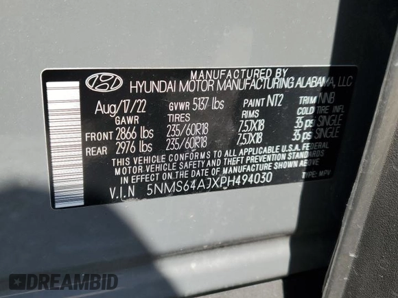 2023 Hyundai Santa Fe XRT with VIN 5NMS64AJXPH494030, listed as a Copart auction lot 48969805 with 20,333 mi miles and Salvage Title. Bid and sale history available at carsss.com. Image 13.