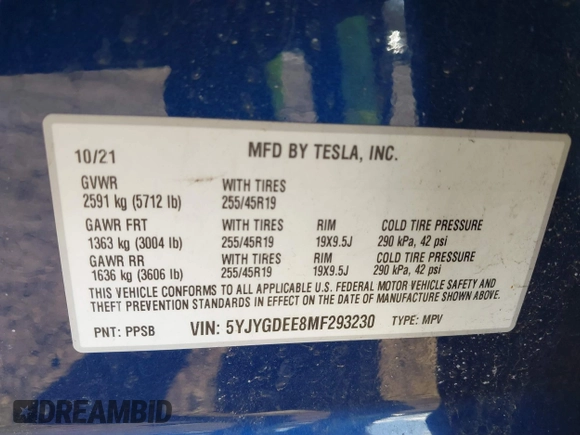 2021 Tesla Model Y Long Range with VIN 5YJYGDEE8MF293230, listed as a IAAI auction lot 41744033 with 56,797 mi miles and . Bid and sale history available at DreamBid. Image 9.