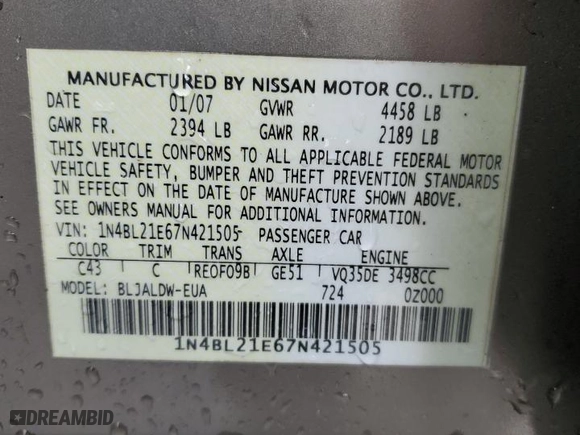 2007 Nissan Altima 3.5 SL with VIN 1N4BL21E67N421505, listed as a Copart auction lot 83982284 with 0 mi miles and Salvage Title. Bid and sale history available at carsss.com. Image 12.