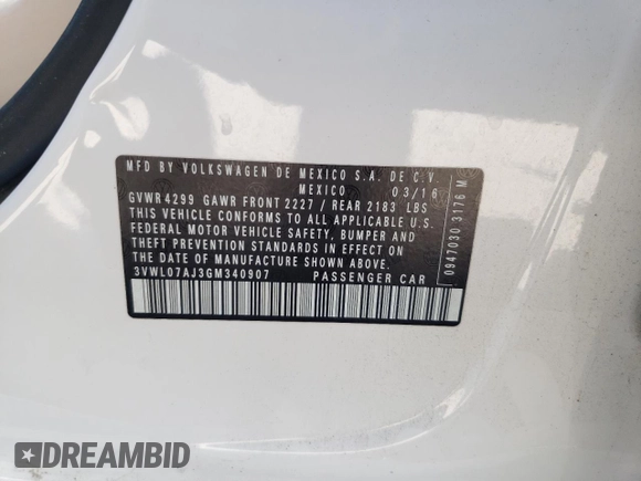 2016 Volkswagen Jetta SEL with VIN 3VWL07AJ3GM340907, listed as a Copart auction lot 52879225 with 33,394 mi miles and Salvage title. Bid and sale history available at DreamBid. Image 13.